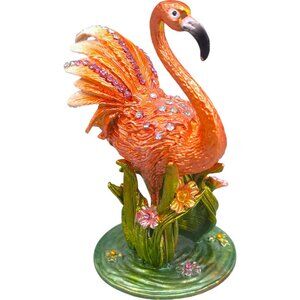 Pink Flamingo Jewelry Trinket Box Hinged Magnetic Clasp Enamel Crystal Jewels 4"